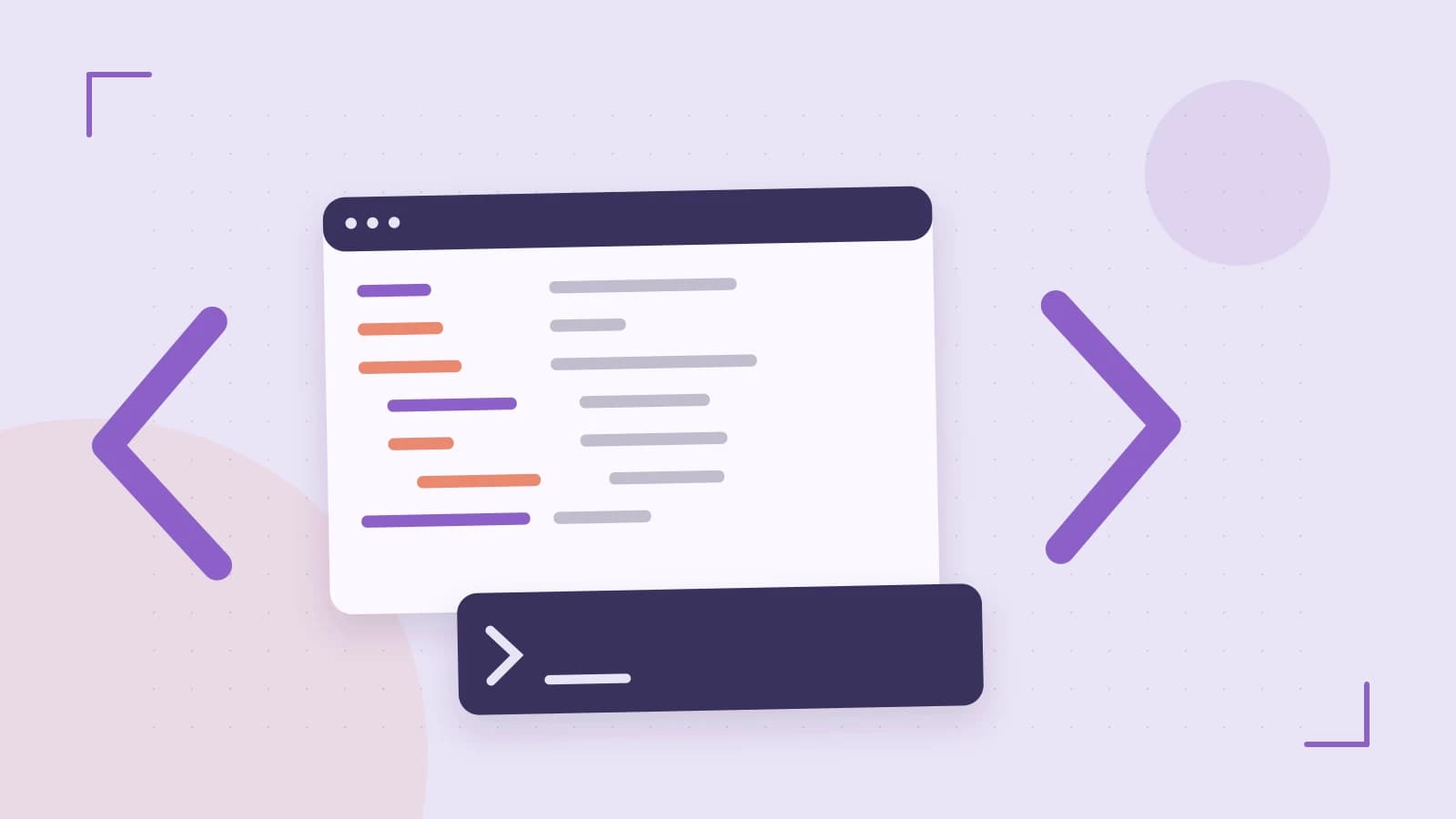 Editorial illustration of an abstract code editor, syntax blocks and oversized programming brackets