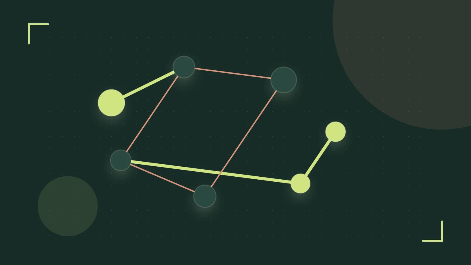 Editorial illustration of an algorithmic node graph with branching paths and a highlighted result