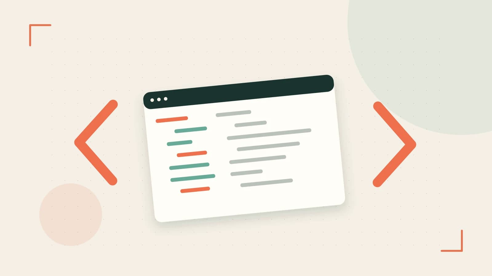 Editorial illustration of an abstract code editor, syntax blocks and oversized programming brackets