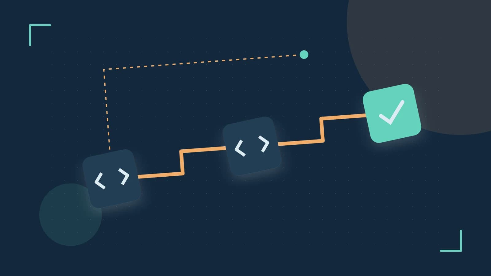 Editorial illustration of a branching build pipeline, staged transformations and a completed check