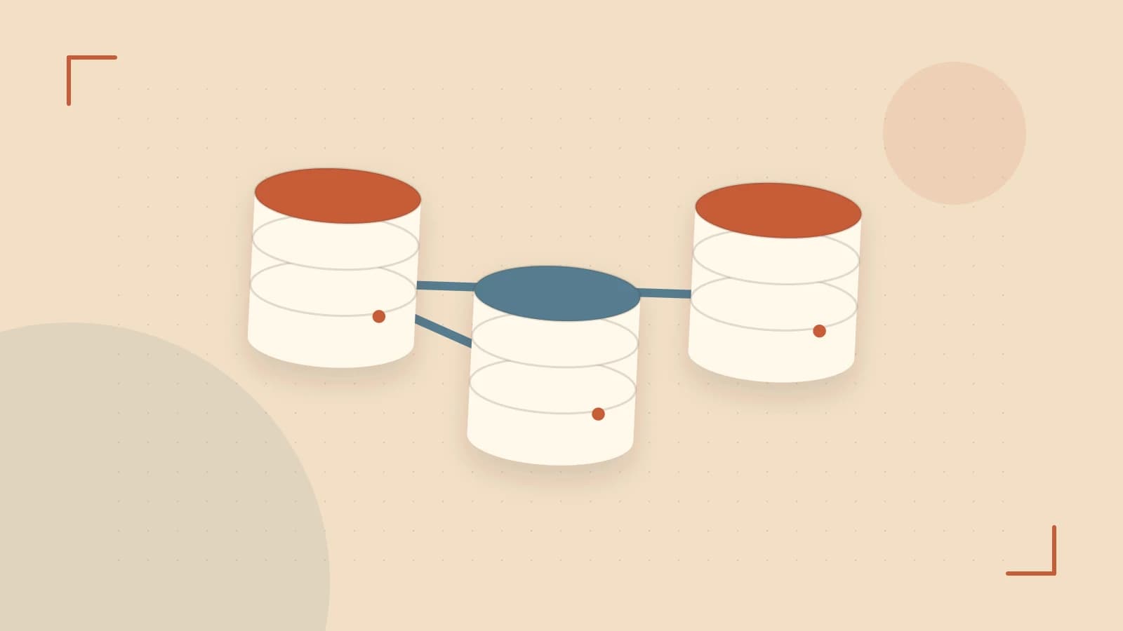 Editorial illustration of structured records, database cylinders and relationships between tables