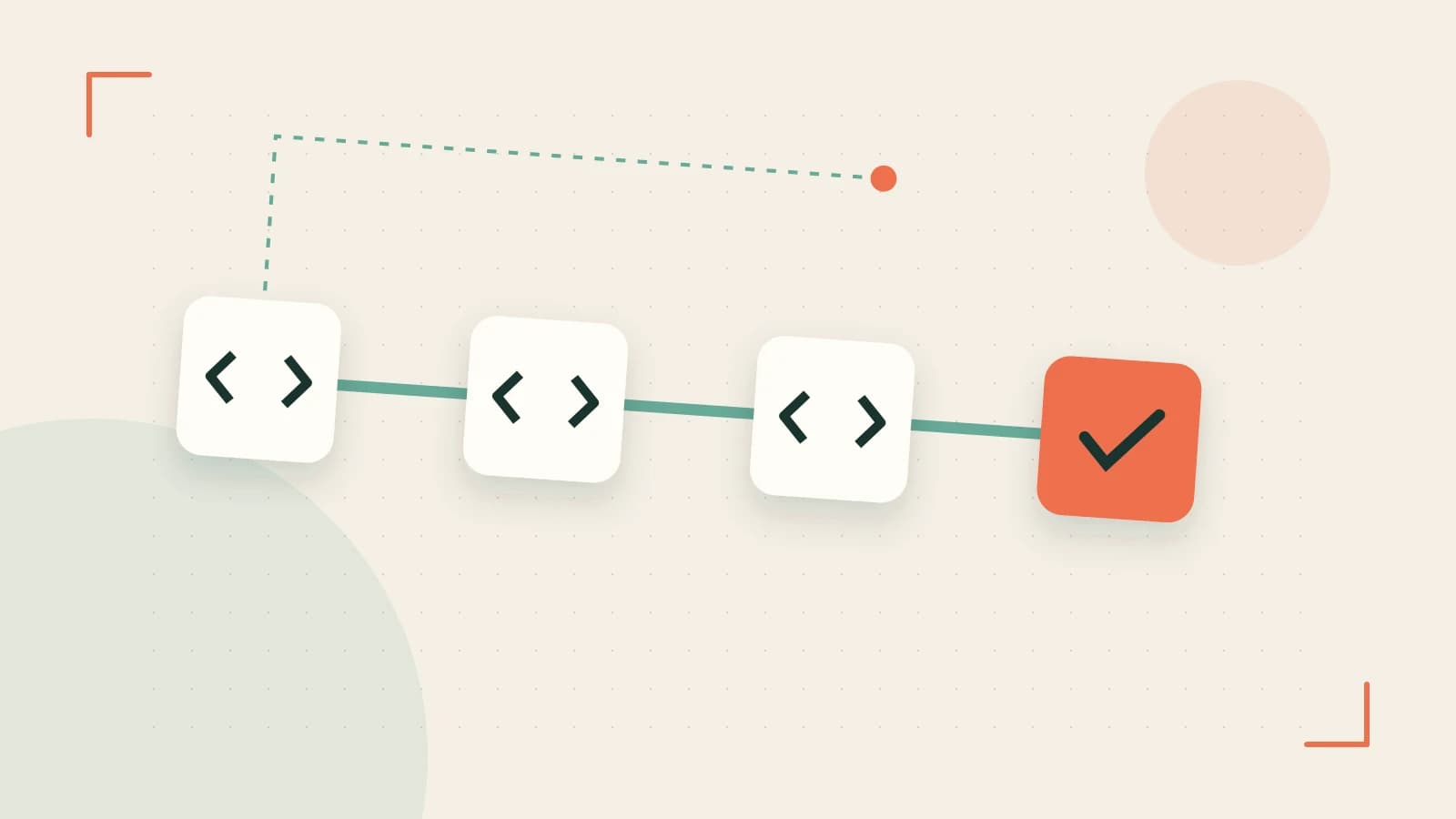 Editorial illustration of a branching build pipeline, staged transformations and a completed check