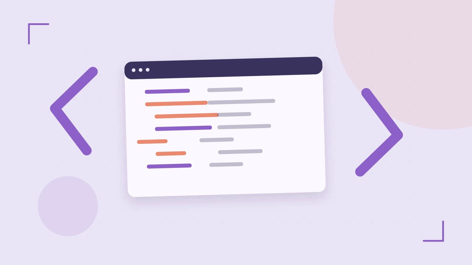 Editorial illustration of an abstract code editor, syntax blocks and oversized programming brackets