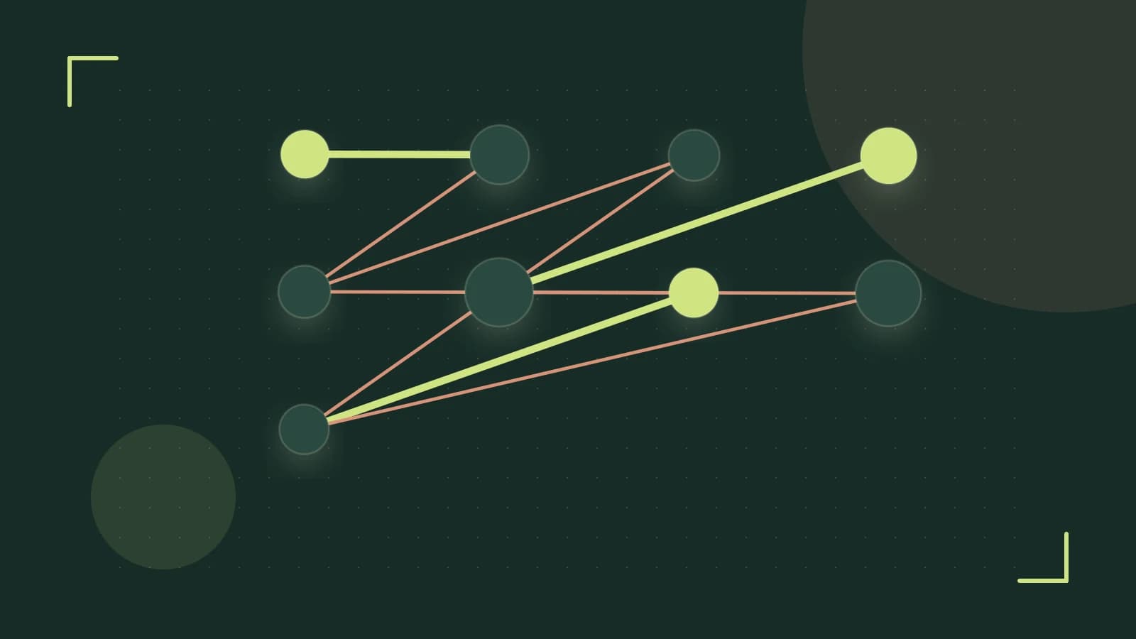 Editorial illustration of an algorithmic node graph with branching paths and a highlighted result