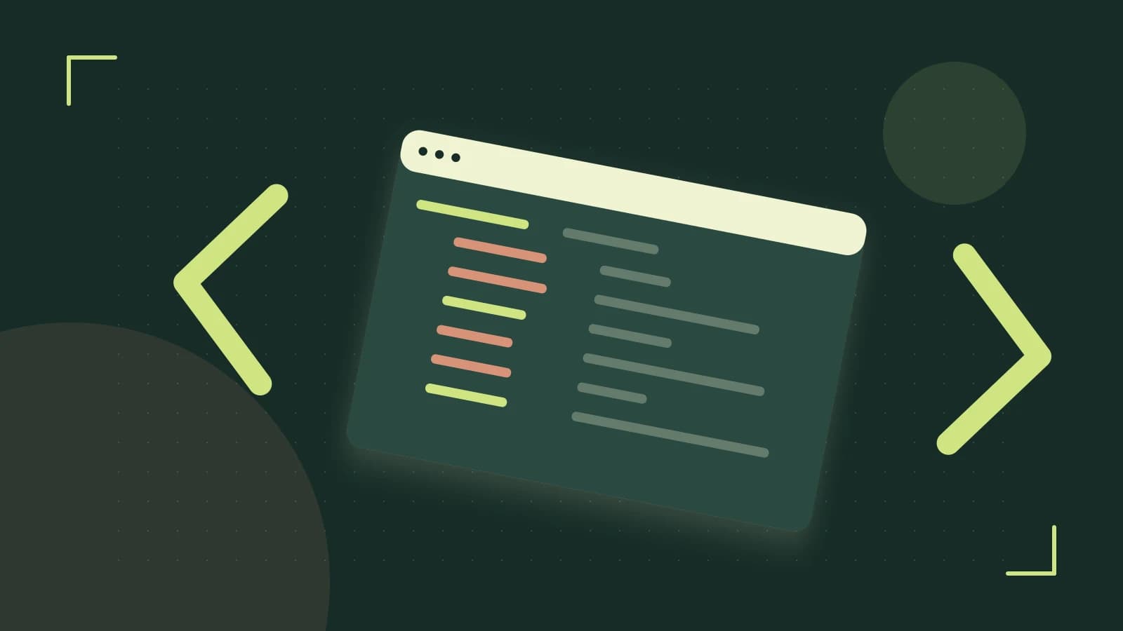Editorial illustration of an abstract code editor, syntax blocks and oversized programming brackets