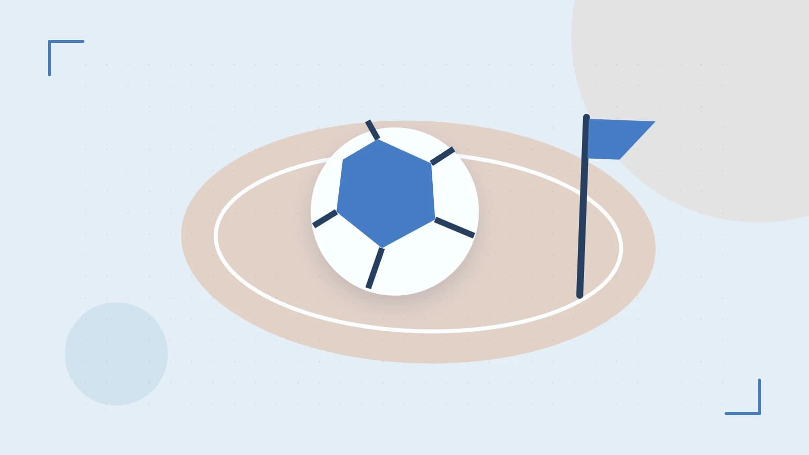 Editorial illustration of a stylized sports ball, stadium geometry and dynamic arcs