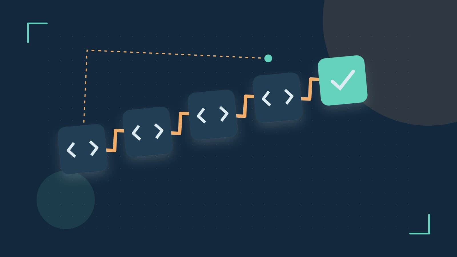 Editorial illustration of a branching build pipeline, staged transformations and a completed check