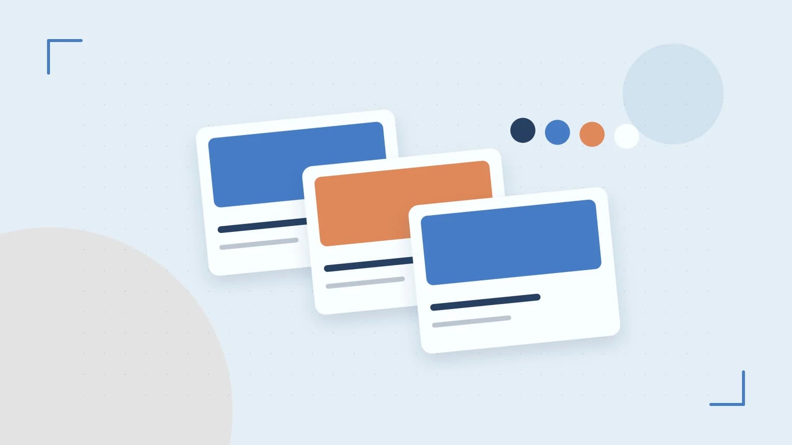 Editorial illustration of responsive browser layouts, overlapping design components and a color system