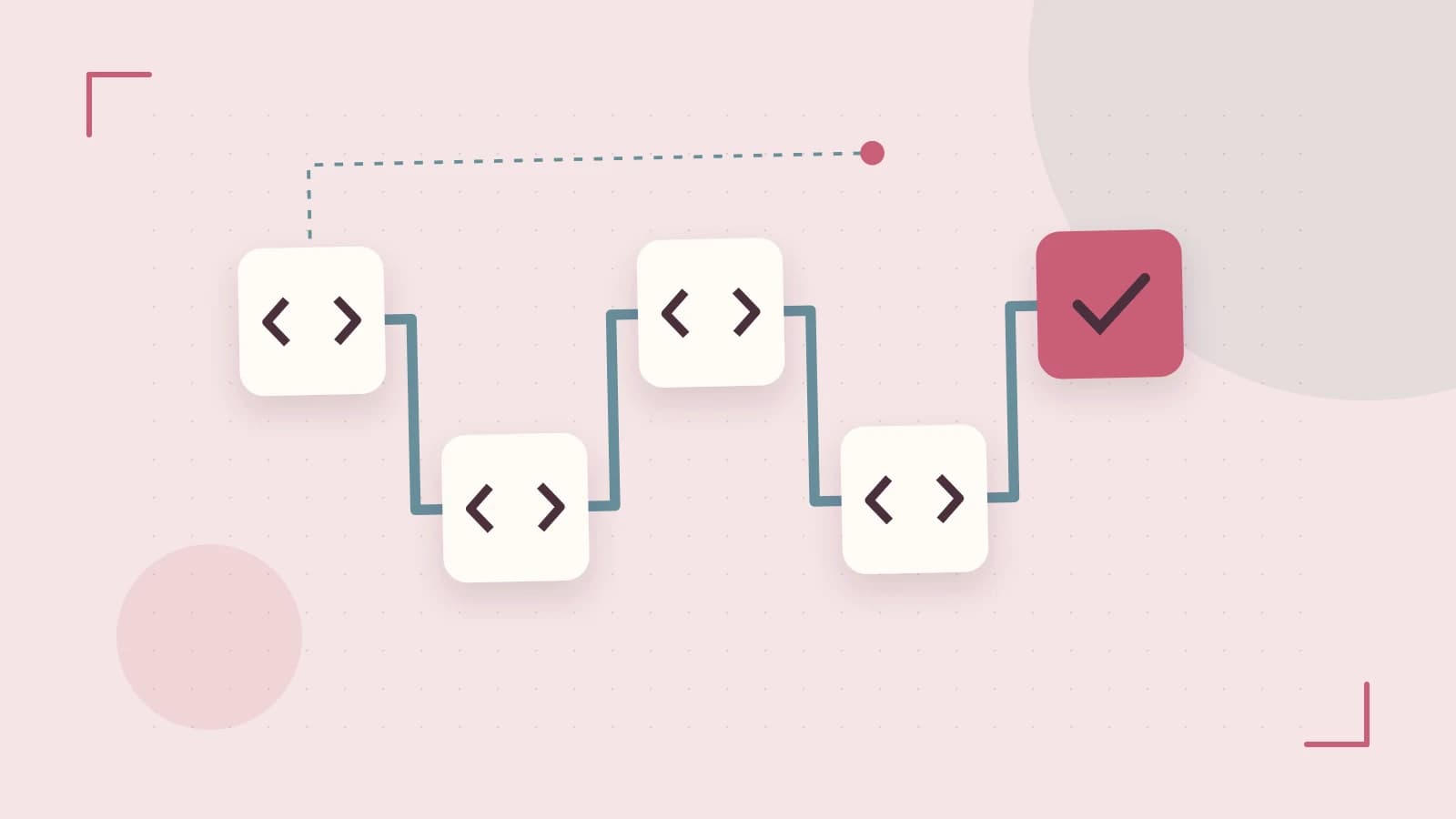Editorial illustration of a branching build pipeline, staged transformations and a completed check