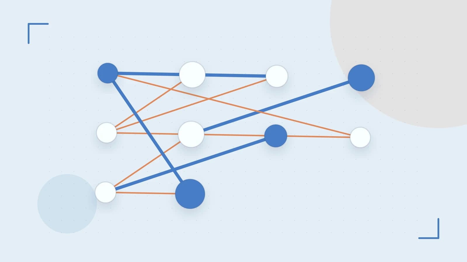 Editorial illustration of an algorithmic node graph with branching paths and a highlighted result