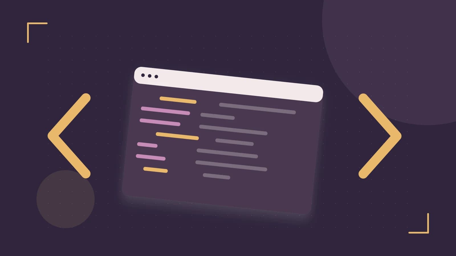 Editorial illustration of an abstract code editor, syntax blocks and oversized programming brackets