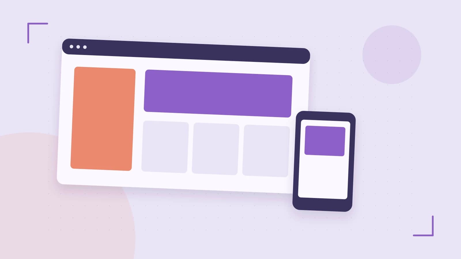 Editorial illustration of responsive browser layouts, overlapping design components and a color system