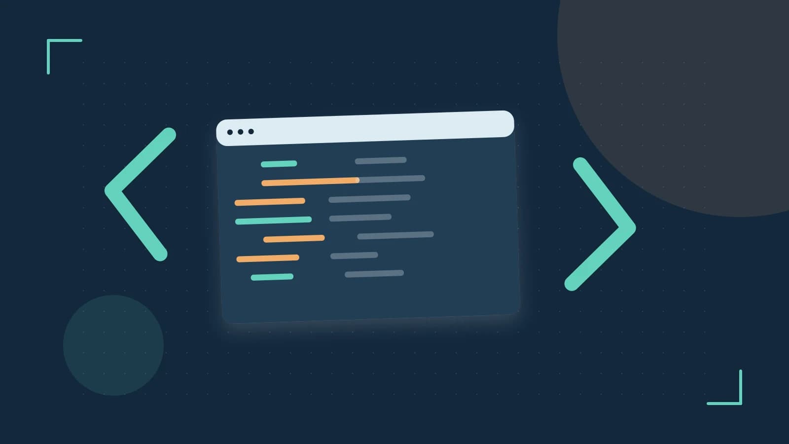Editorial illustration of an abstract code editor, syntax blocks and oversized programming brackets