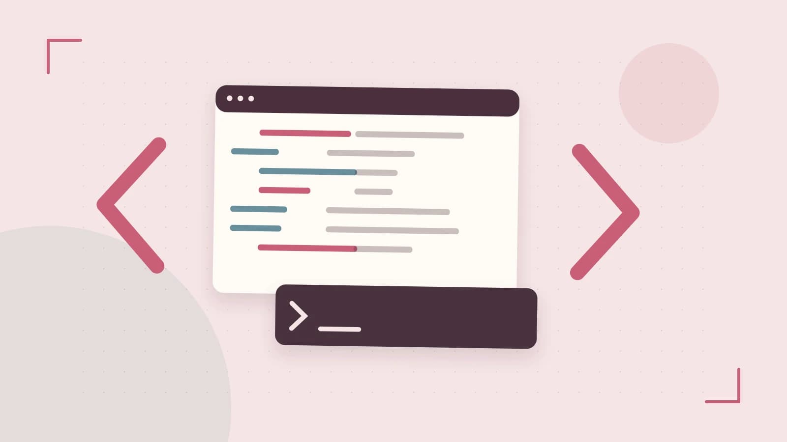 Editorial illustration of an abstract code editor, syntax blocks and oversized programming brackets