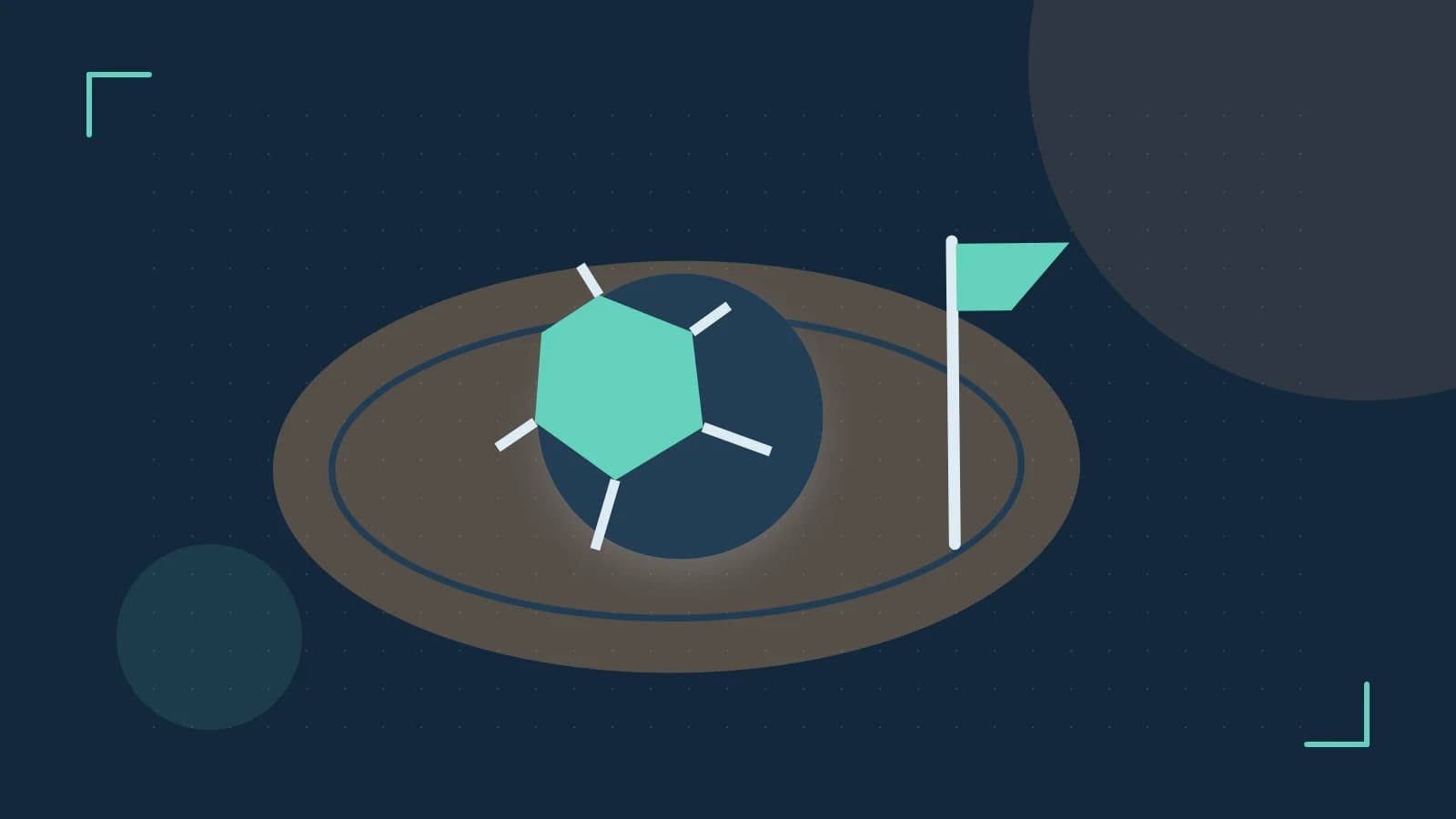 Editorial illustration of a stylized sports ball, stadium geometry and dynamic arcs