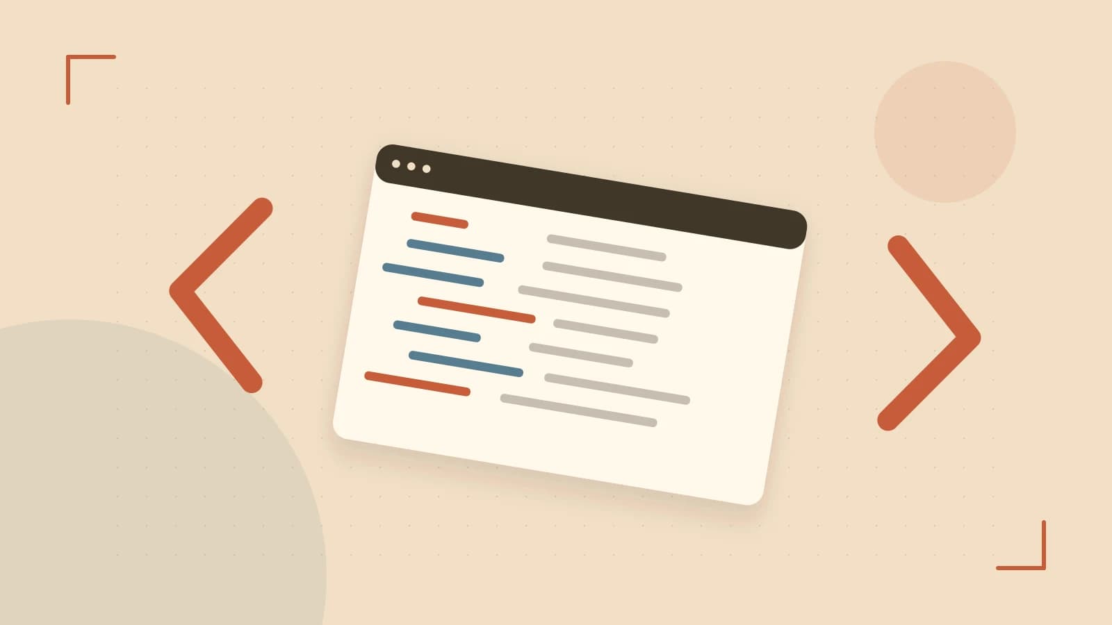 Editorial illustration of an abstract code editor, syntax blocks and oversized programming brackets