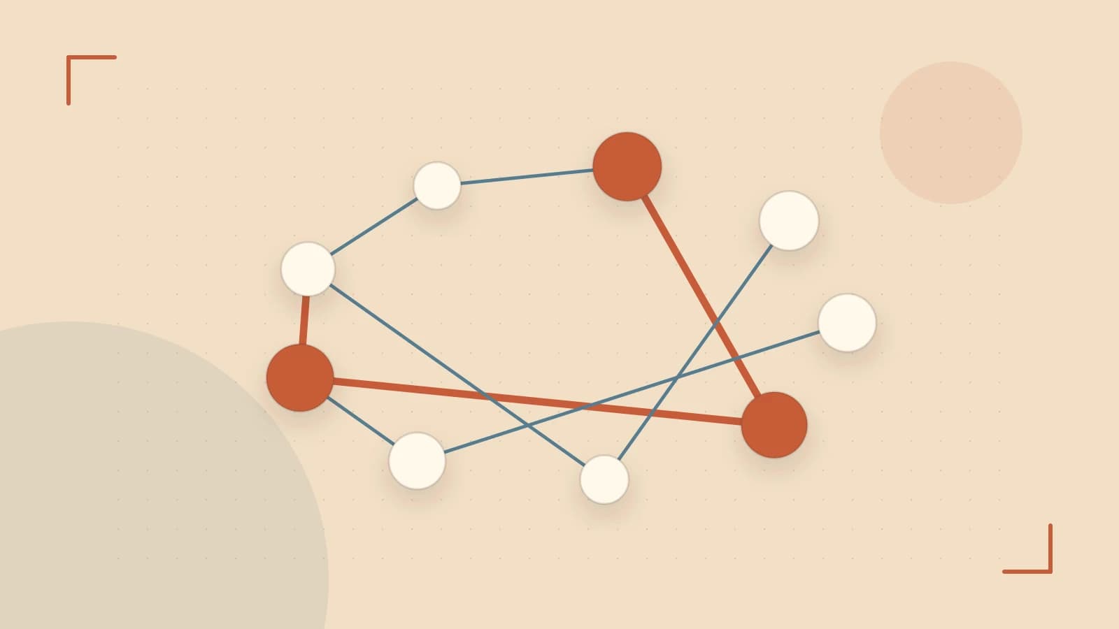 Editorial illustration of an algorithmic node graph with branching paths and a highlighted result
