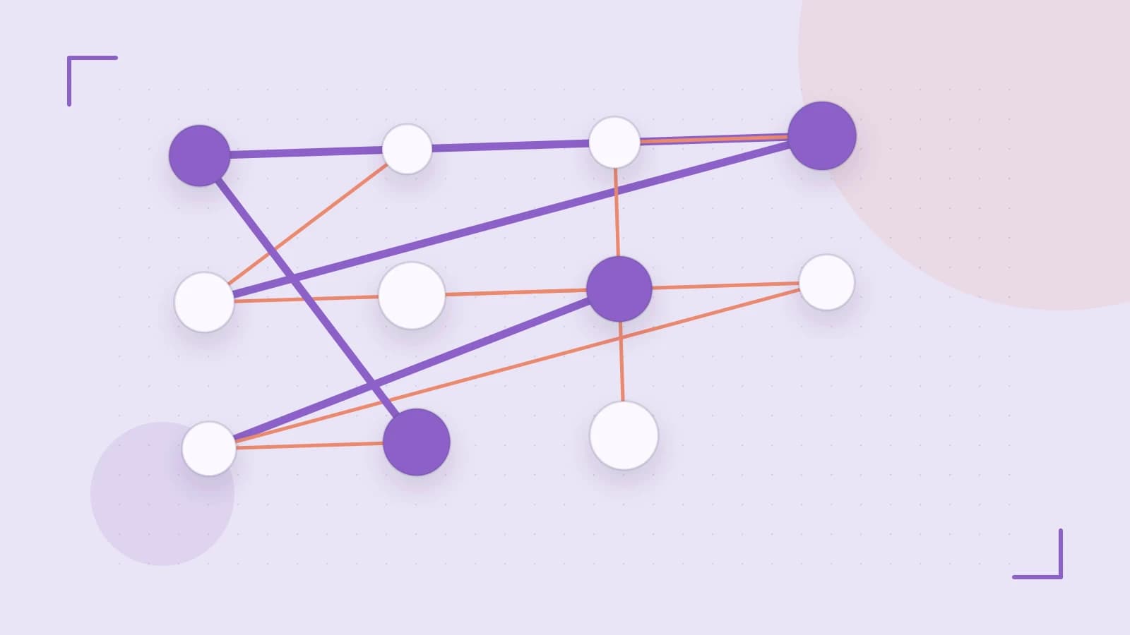 Editorial illustration of an algorithmic node graph with branching paths and a highlighted result