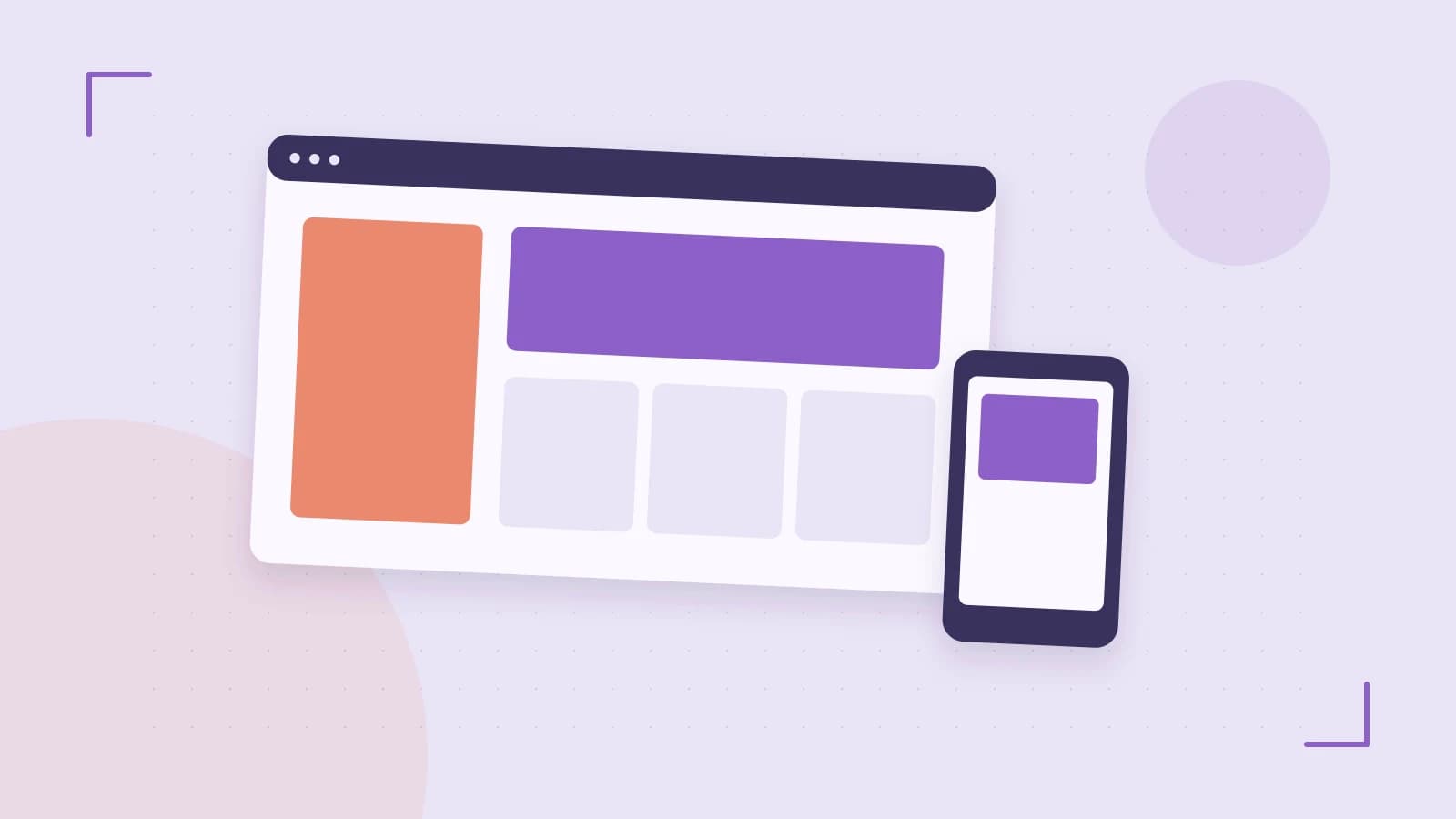 Editorial illustration of responsive browser layouts, overlapping design components and a color system