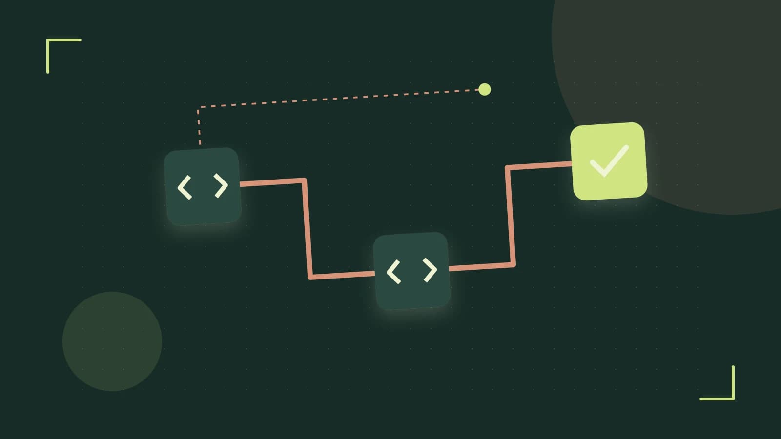 Editorial illustration of a branching build pipeline, staged transformations and a completed check