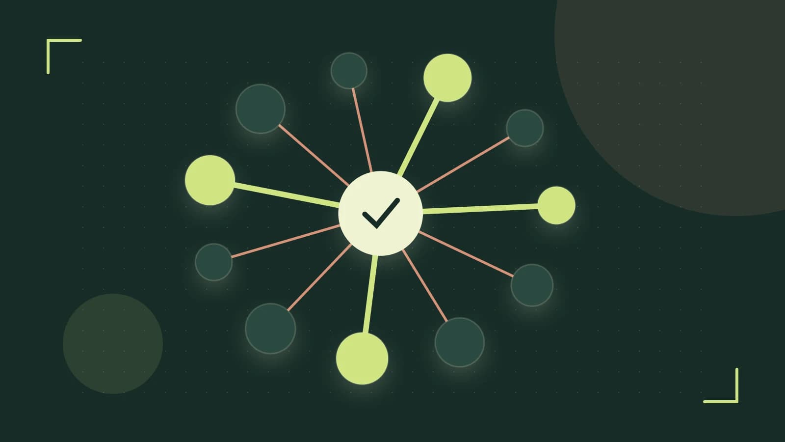Editorial illustration of an algorithmic node graph with branching paths and a highlighted result