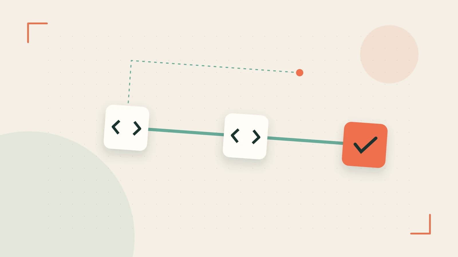 Editorial illustration of a branching build pipeline, staged transformations and a completed check