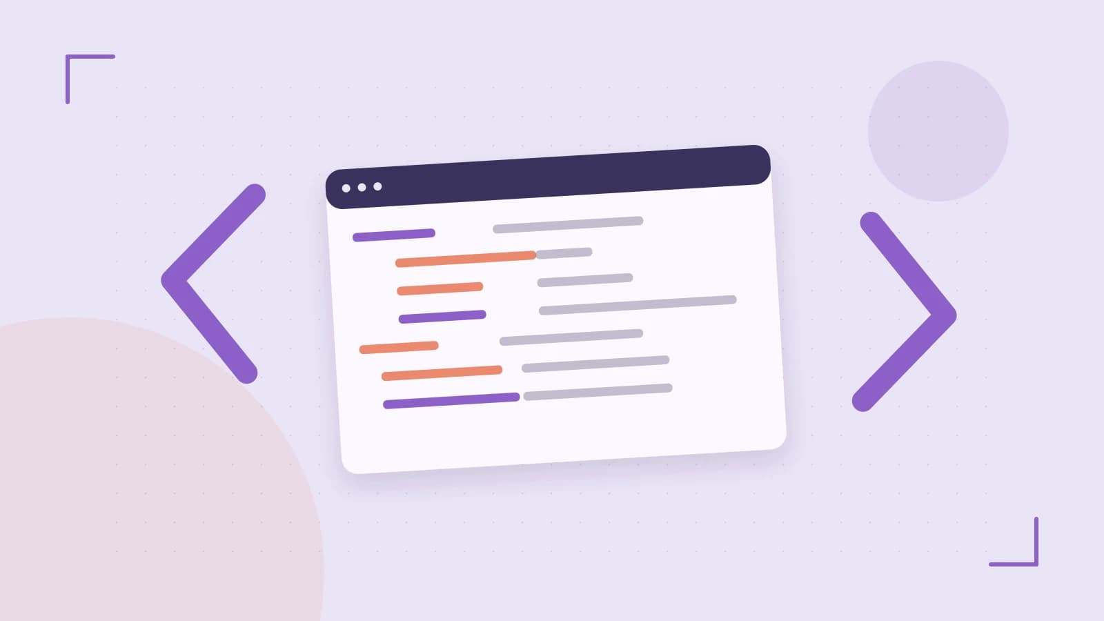 Editorial illustration of an abstract code editor, syntax blocks and oversized programming brackets