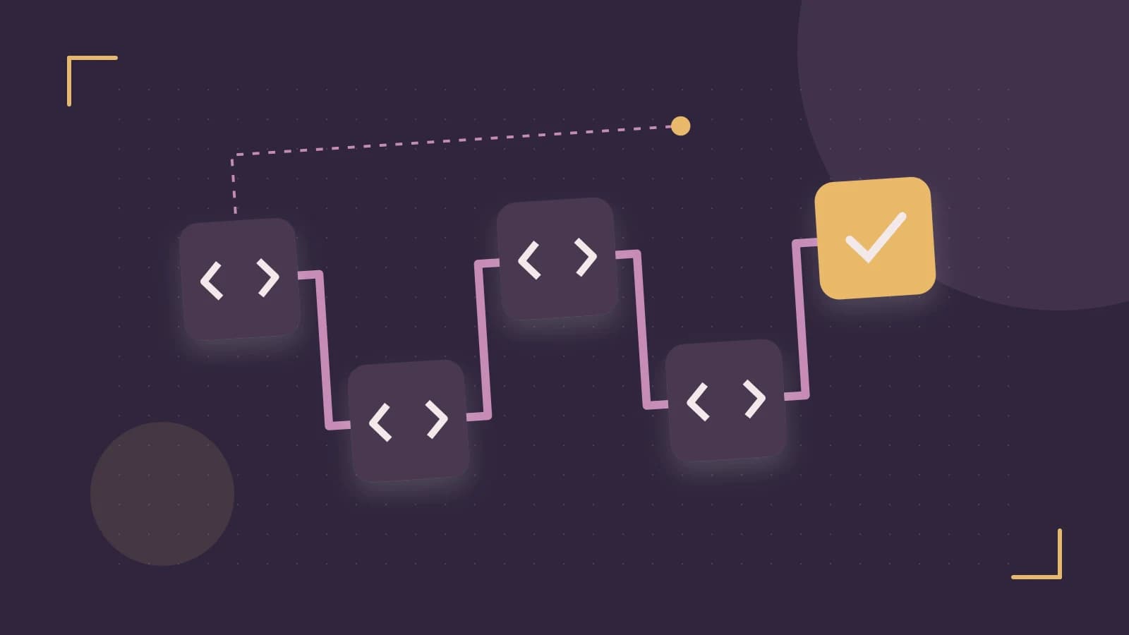 Editorial illustration of a branching build pipeline, staged transformations and a completed check