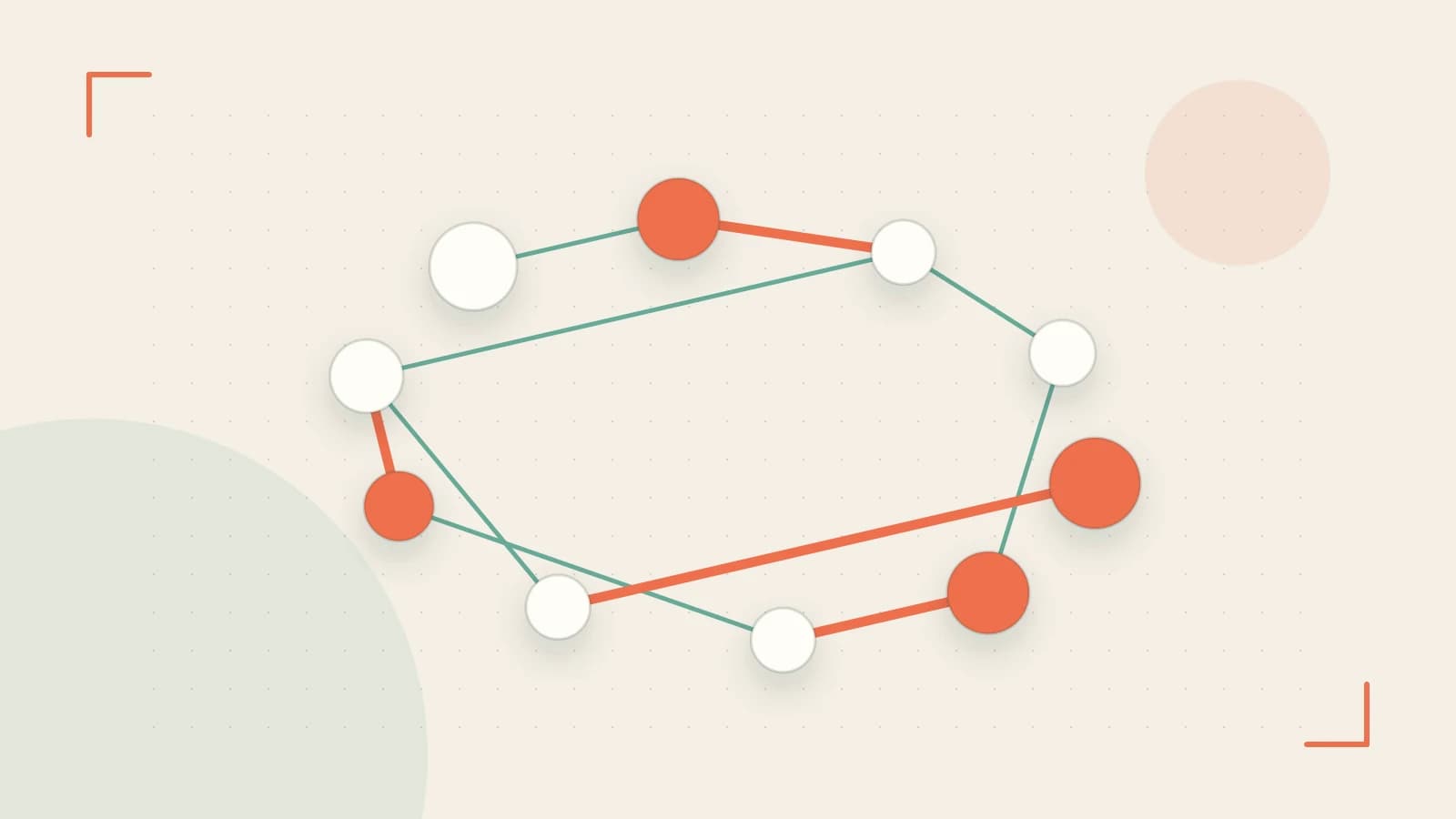 Editorial illustration of an algorithmic node graph with branching paths and a highlighted result