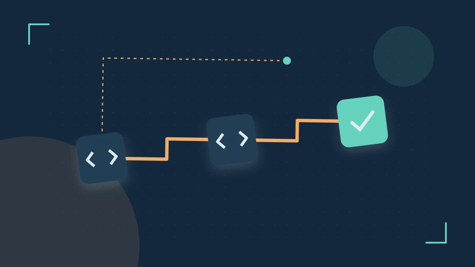 Editorial illustration of a branching build pipeline, staged transformations and a completed check
