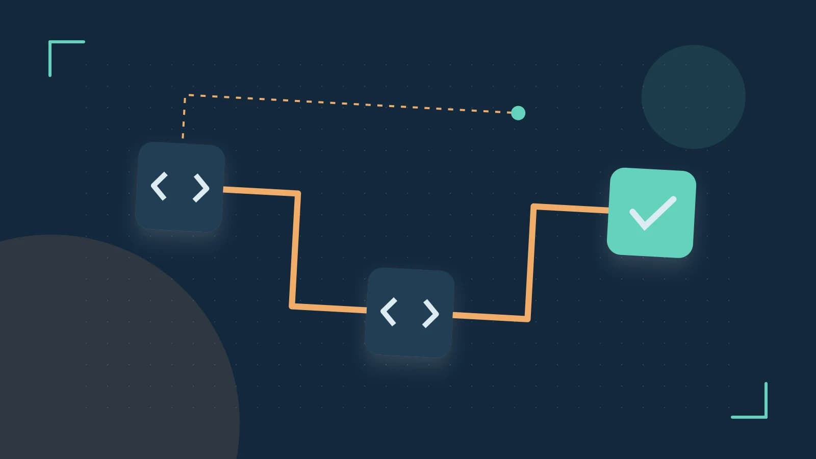Editorial illustration of a branching build pipeline, staged transformations and a completed check