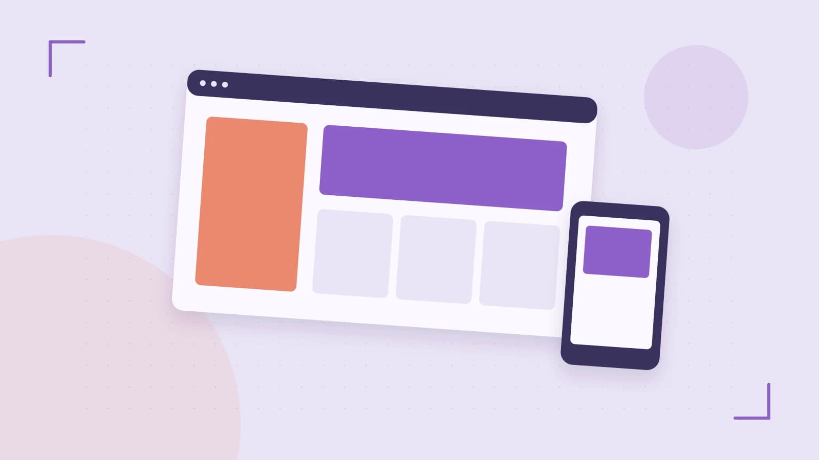 Editorial illustration of responsive browser layouts, overlapping design components and a color system