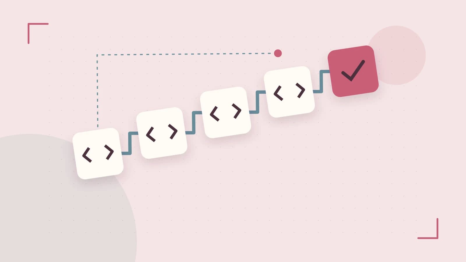 Editorial illustration of a branching build pipeline, staged transformations and a completed check