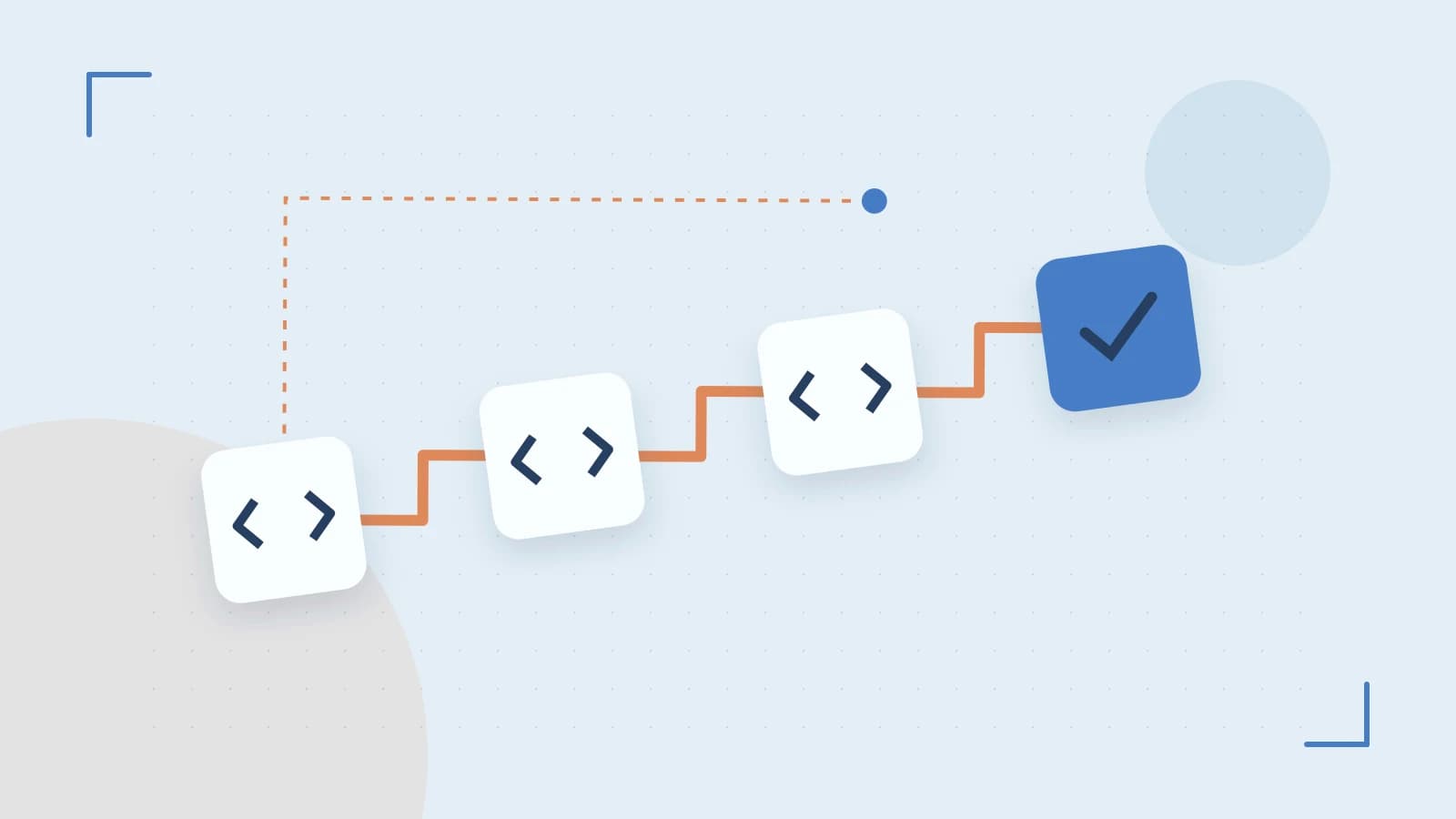 Editorial illustration of a branching build pipeline, staged transformations and a completed check