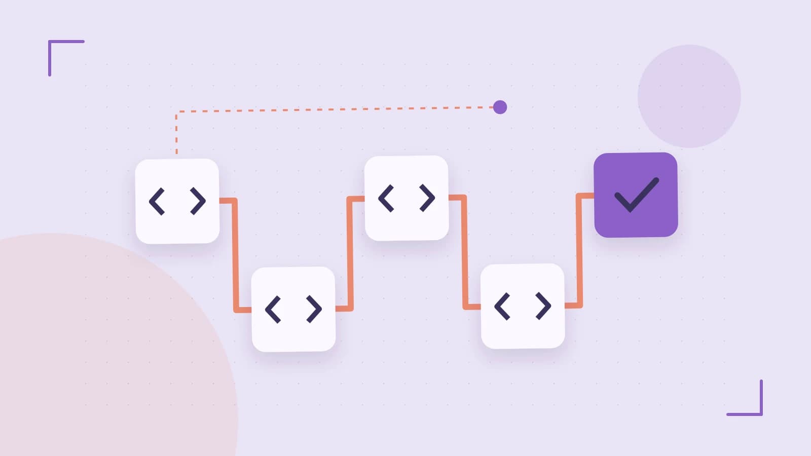 Editorial illustration of a branching build pipeline, staged transformations and a completed check