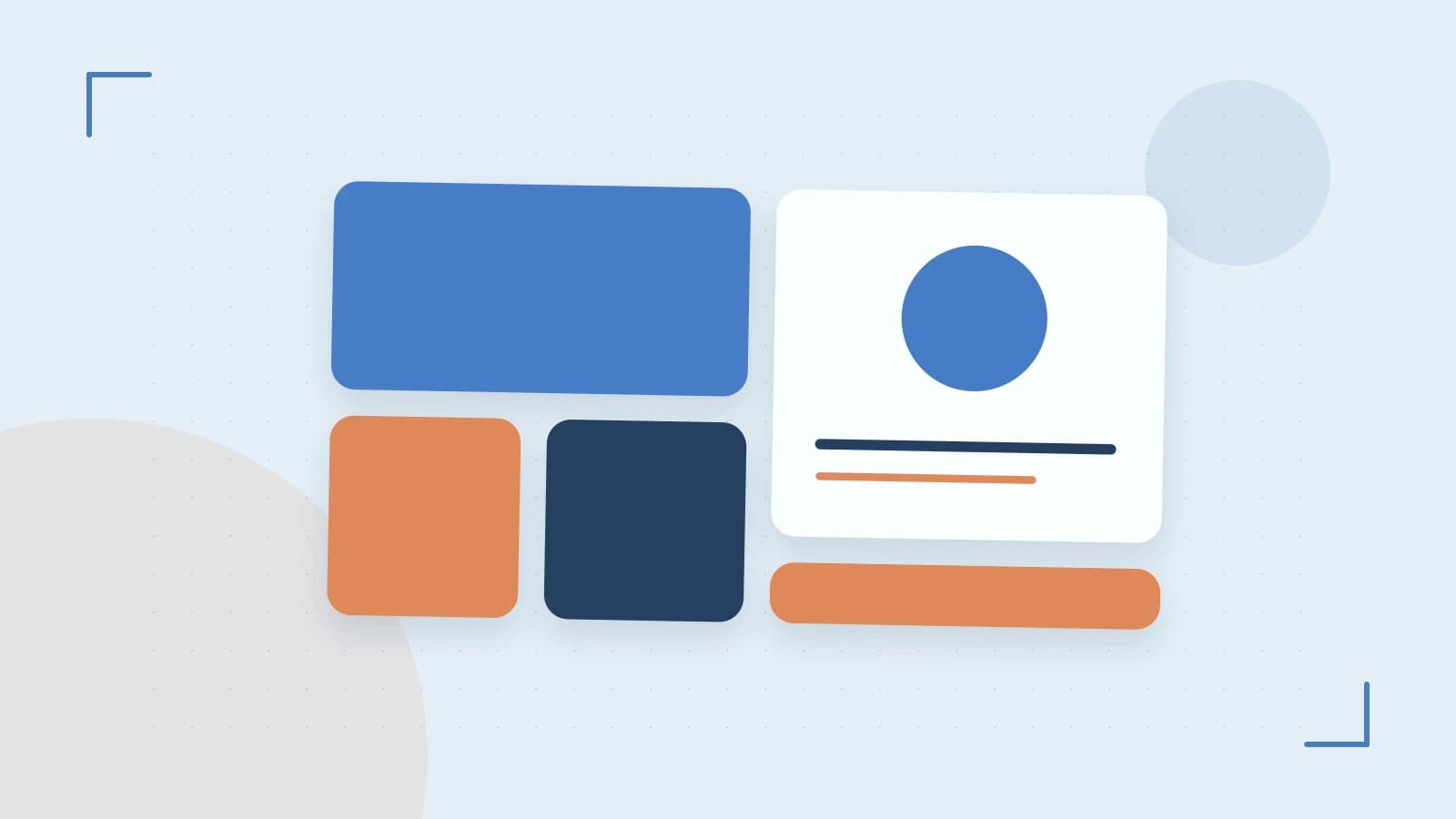 Editorial illustration of responsive browser layouts, overlapping design components and a color system