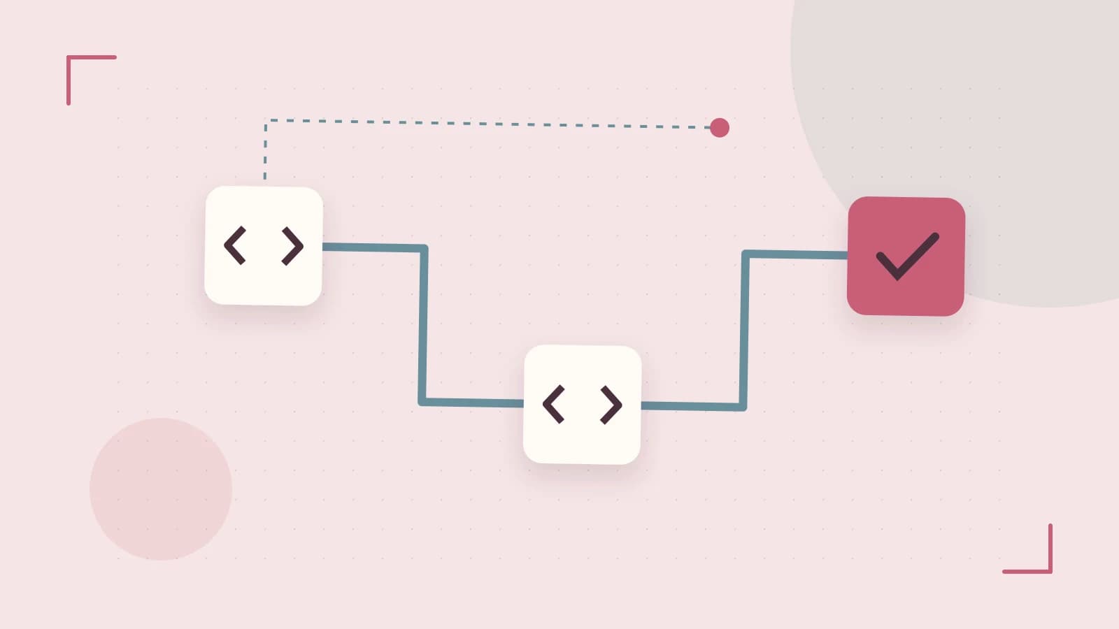 Editorial illustration of a branching build pipeline, staged transformations and a completed check