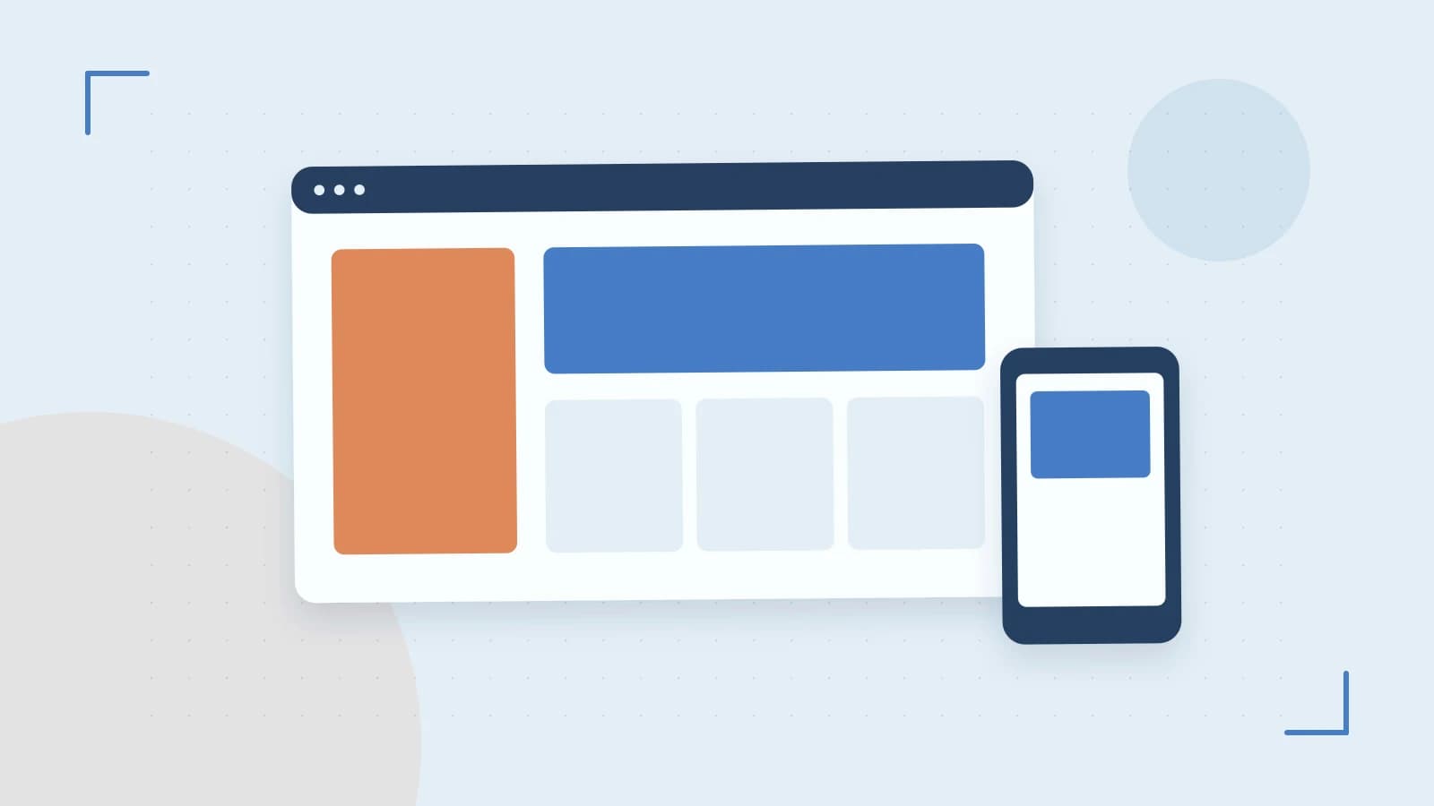 Editorial illustration of responsive browser layouts, overlapping design components and a color system
