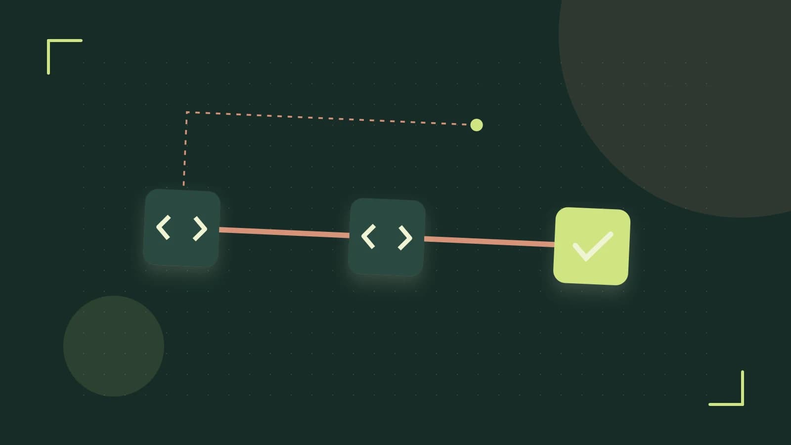Editorial illustration of a branching build pipeline, staged transformations and a completed check