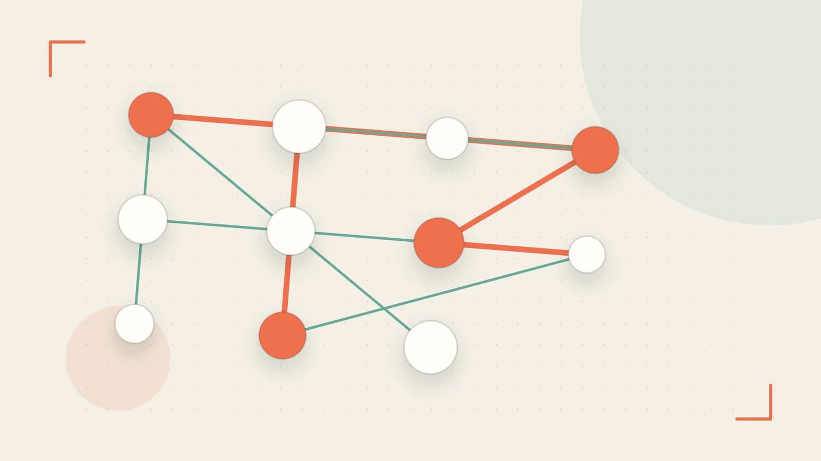Editorial illustration of an algorithmic node graph with branching paths and a highlighted result