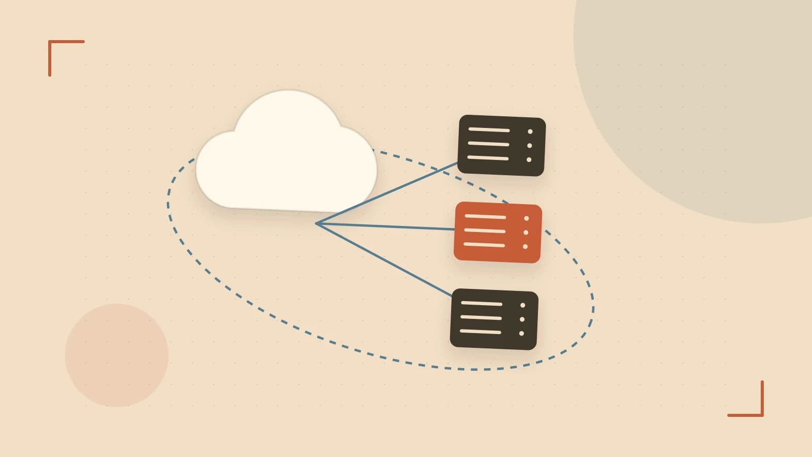 Editorial illustration of cloud infrastructure, connected server racks and an orbital service map