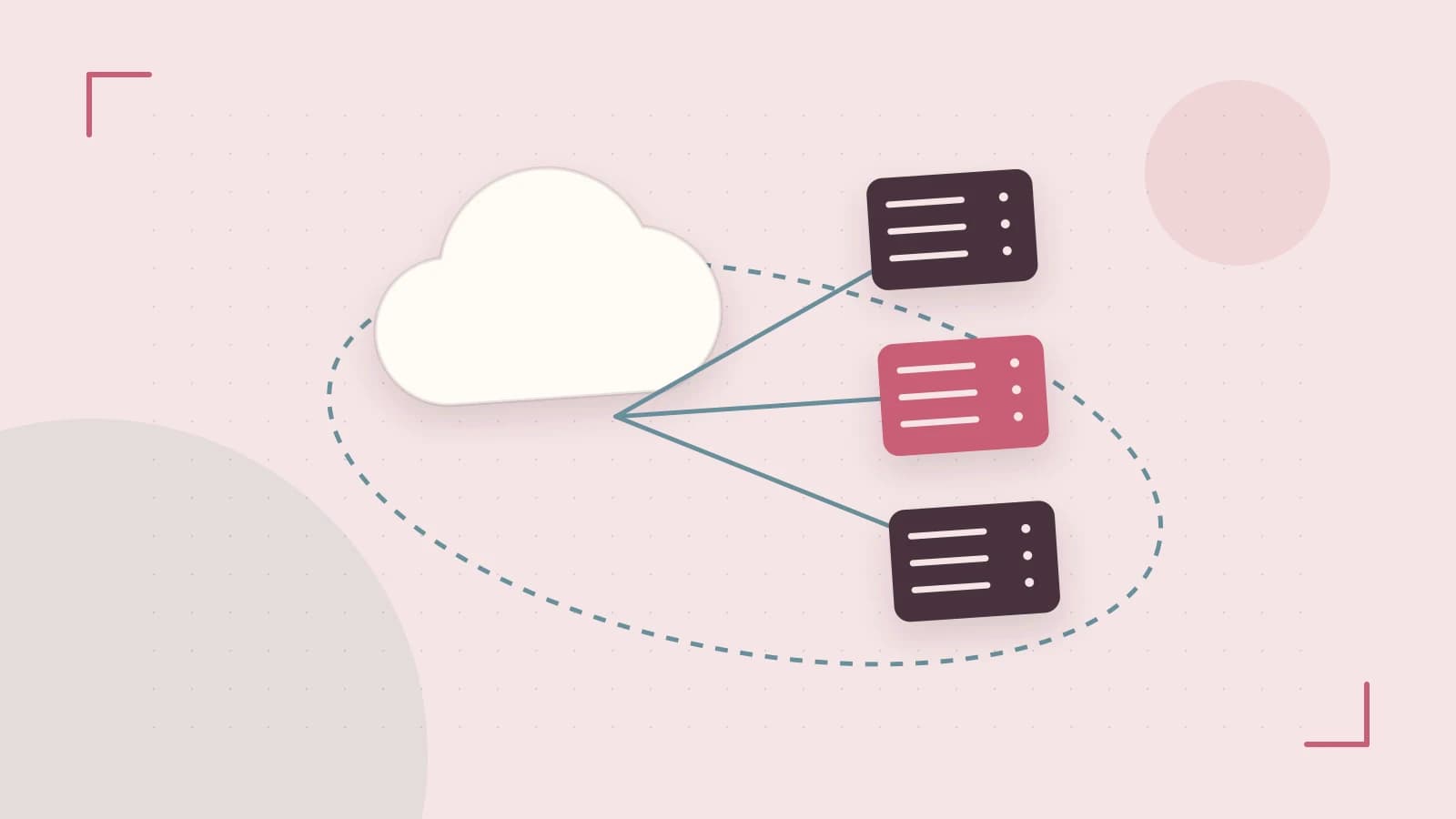 Editorial illustration of cloud infrastructure, connected server racks and an orbital service map