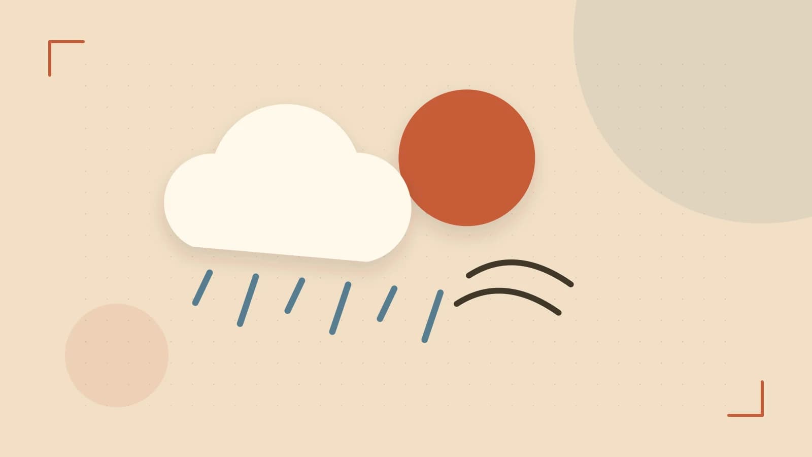 Editorial illustration of a sun, layered clouds, raindrops and flowing weather patterns