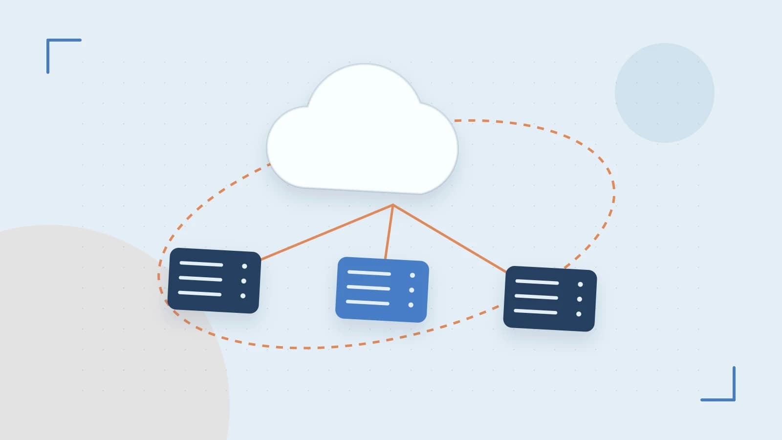 Editorial illustration of cloud infrastructure, connected server racks and an orbital service map
