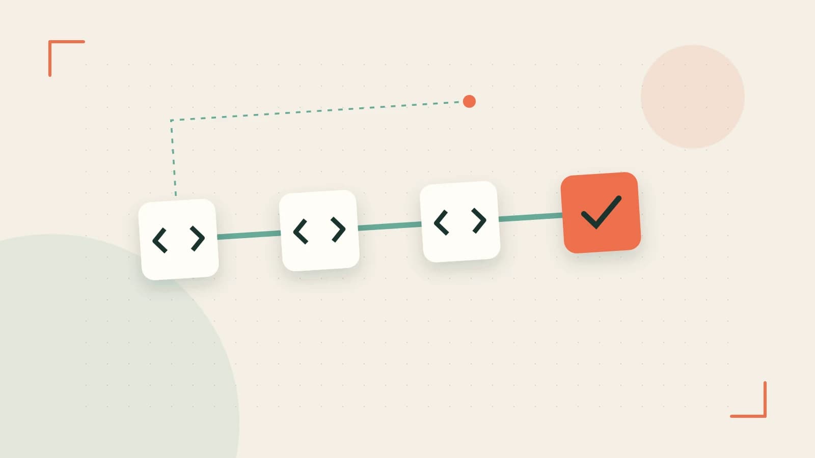 Editorial illustration of a branching build pipeline, staged transformations and a completed check