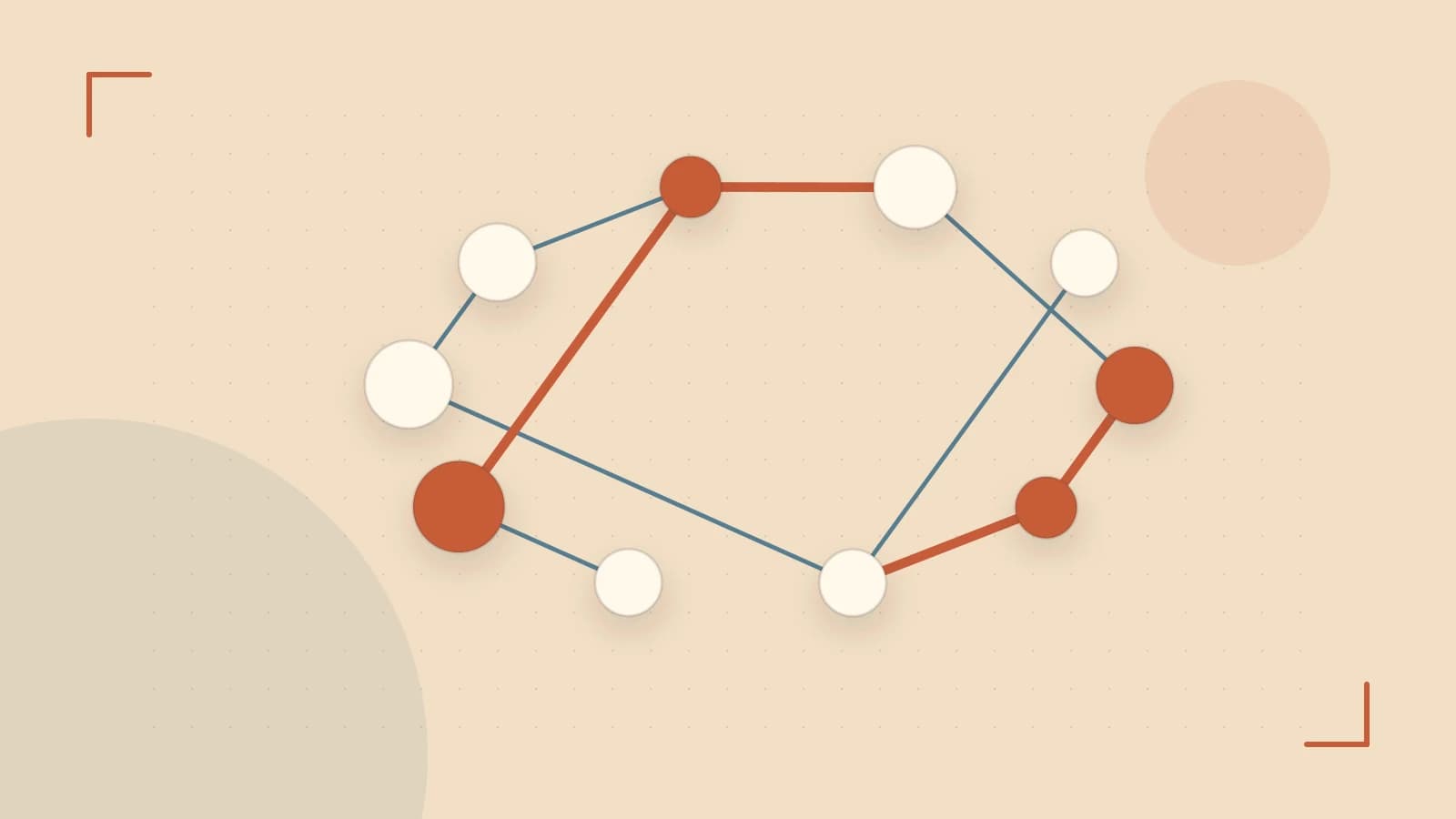 Editorial illustration of an algorithmic node graph with branching paths and a highlighted result