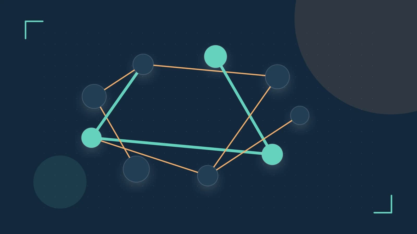 Editorial illustration of an algorithmic node graph with branching paths and a highlighted result