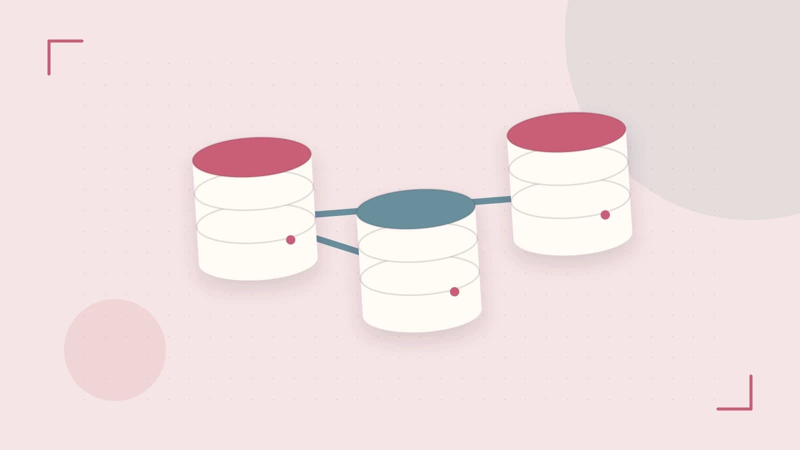 Editorial illustration of structured records, database cylinders and relationships between tables