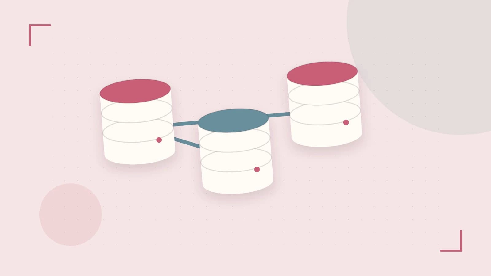 Editorial illustration of structured records, database cylinders and relationships between tables