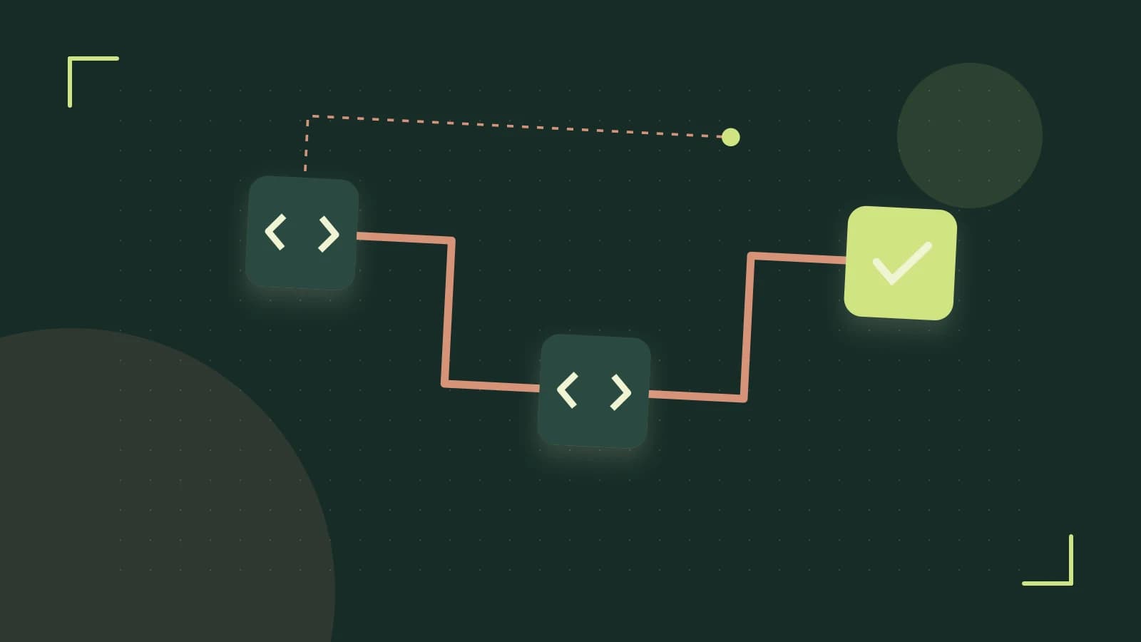 Editorial illustration of a branching build pipeline, staged transformations and a completed check